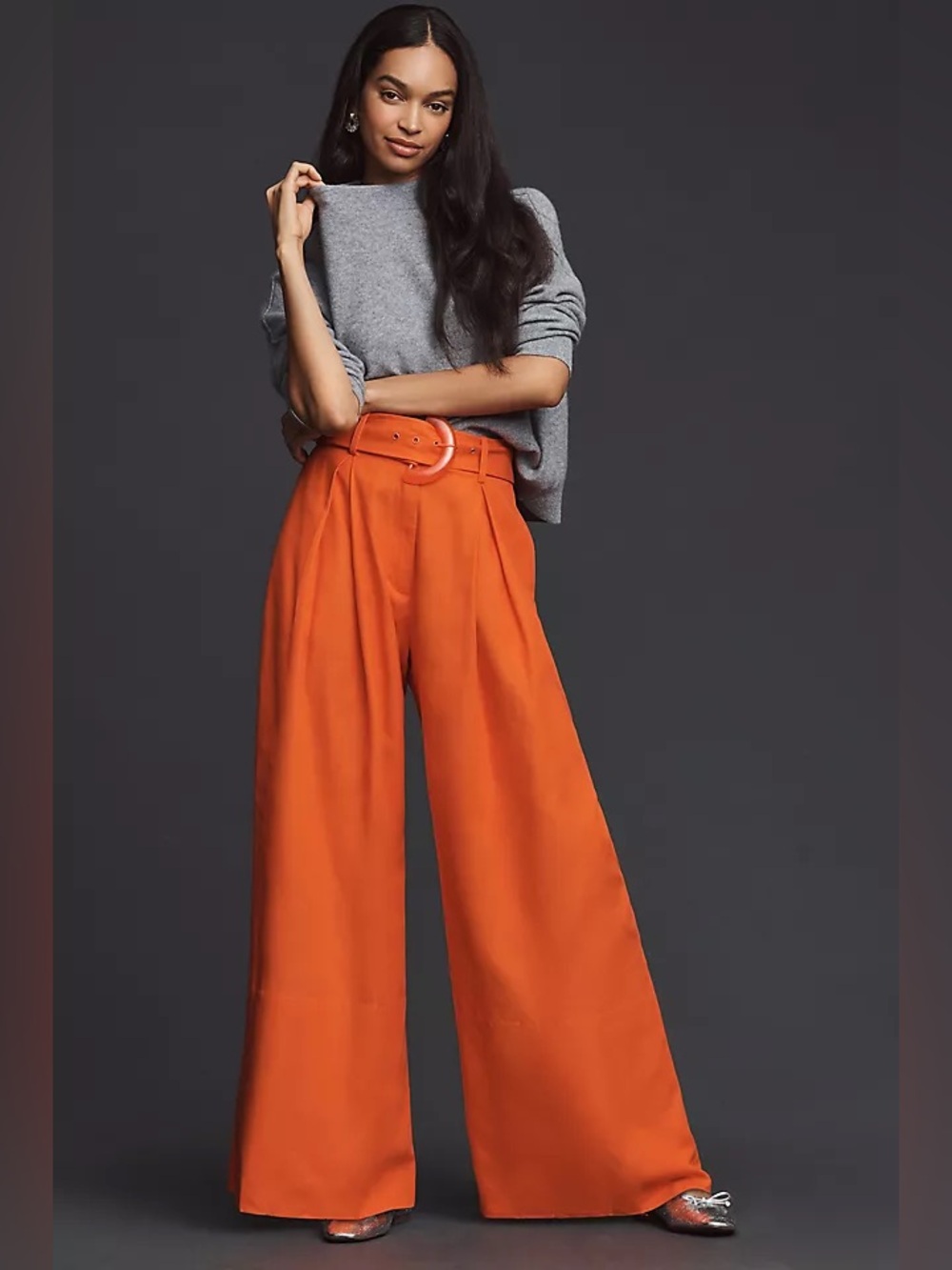 FARM Rio Orange Wide-Leg Belted Trousers